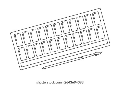 Paints box and brush art supply simple outline hand drawn illustration, kids painting material, school stationary object, back to school concept, painting tool for hobby, craft, drawing