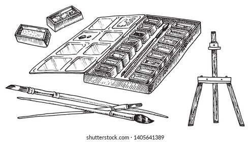 Paints and brushes for artists. Creative tools in vintage style. Engraved Hand Drawn Sketch.