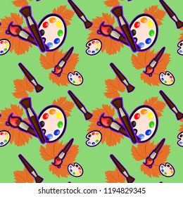 Paints and brushes colorful seamless pattern with orange autumn grape leaves on green background