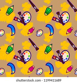 Paints and brushes colorful seamless pattern with pencils and orage grape leaves on beige background
