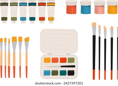 paints and brushes on a white background vector