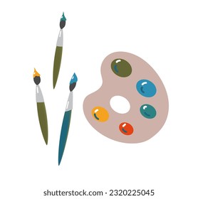 Paints and brushes, watercolors. Tools for the painter. A trending hobby. drawing school. Vector flat illustration.