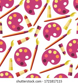 Paints and brushes, wooden palette for mixing hues and tints seamless pattern. Gouache or acrylic tubes with pencil for paintings and artists. Hobby or creative profession, vector in flat style