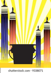 paints bucket placed between four brushes	