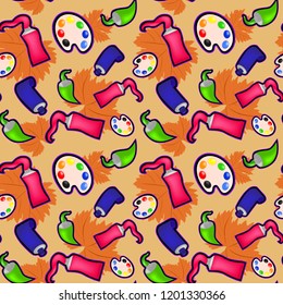 Paints colorful seamless pattern with autumn orange grape leaves on beige background