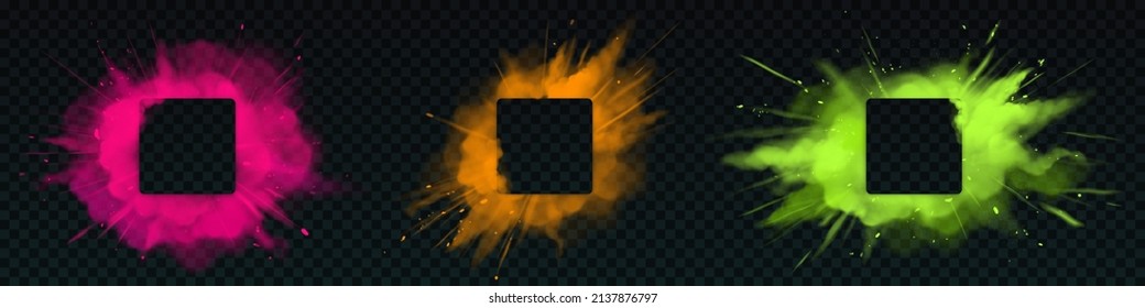 Paints explosion square frames, powder clouds borders with empty space. Pink, orange and green Holi color splashes, backgrounds, banner templates with colorful smoke, Realistic 3d vector illustration