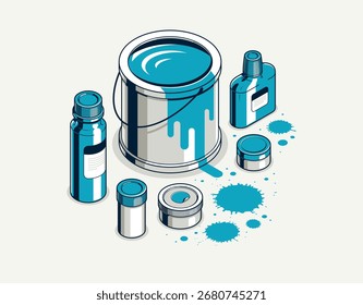 Paints inks and pigments vector 3D isometric illustration, wall paints for decoration and renovation, shades palette swatches different tints.