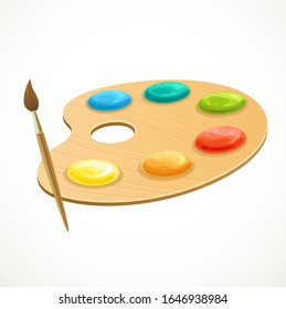 Paints on a round wooden palette and brush isolated on white background