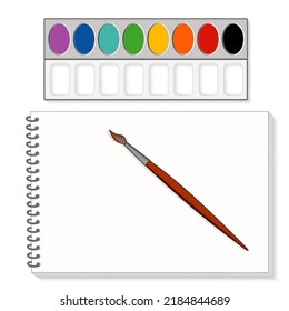 Paints, Paintbrush, Spiral Sketchbook Paper Pad For Fine Art Painting And Illustration, Isolated On White Background 