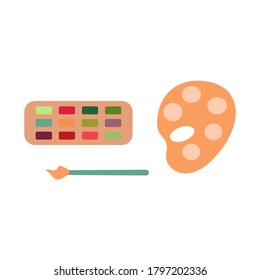 Paints, palette and brush. A set of elements for drawing. Vector isolated illustration in flat style.