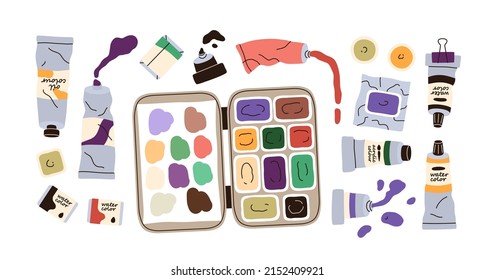 Paints Set. Oil, Acrylic Colours In Open Squeezed Tubes, Watercolor Palette Box, Gouache, Ink For Drawing, Art. Artists Colors, Supplies. Flat Vector Illustrations Isolated On White Background