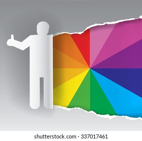 Paints swatch promotion background.
Paper silhouette of man ripping paper with color swatch. Concept for presenting of paints, print colors. Vector available.	
