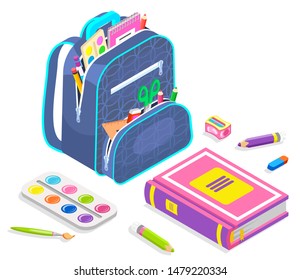 Paints and tassel, pencil sharpener, notebook and scissors, ruler in backpack. School chancery, full bag, painting or writing symbol, office vector. Back to school concept. Flat cartoon isometric 3d