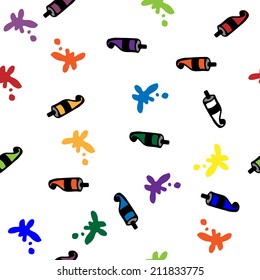 Paints tubes seamless pattern in the doodle style. Handmade.