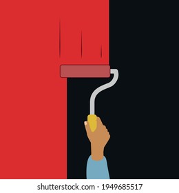 Paints the wall with a roller. Repainting the wall red. 