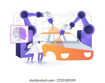 Ilustración vectorial abstracta del concepto del robot de la pintura-rociadura. El robot de pintura de seis ejes aplica una capa uniforme de pintura a las carrocerías de los vehículos en una cabina controlada.
