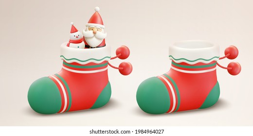 A Pair Of 3d Christmas Stockings. One With Snowman And Santa Claus Figurine Inside It, While The Other One Is Empty