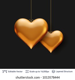 Pair of 3D Heart shaped red air balloons. Easy to edit vector background. Holiday greeting card design.