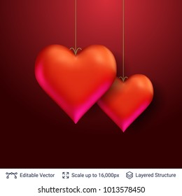 Pair of 3D Heart shaped red air balloons. Easy to edit vector background. Holiday greeting card design.