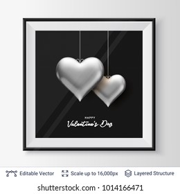 Pair of 3D Heart shaped silver air balloons. Easy to edit vector background. Holiday greeting card design.