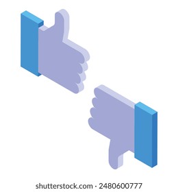 Pair of 3d isometric thumbs up and thumbs down icons in blue color