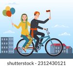 a pair of Abang None from DKI Jakarta riding bicycle and holding balloons and Indonesian flag