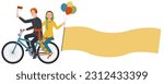 a pair of Abang None from DKI Jakarta riding bicycle and holding balloons, Indonesian flag and empty paper