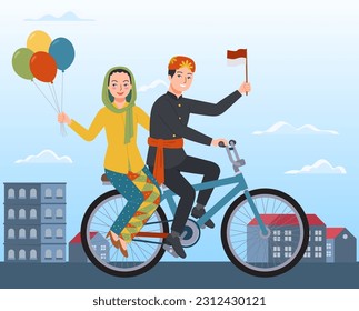 a pair of Abang None from DKI Jakarta riding bicycle and holding balloons and Indonesian flag