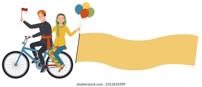 a pair of Abang None from DKI Jakarta riding bicycle and holding balloons, Indonesian flag and empty paper