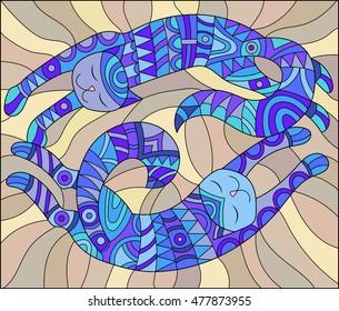 Pair of abstract blue cats in the stained glass style on beige background