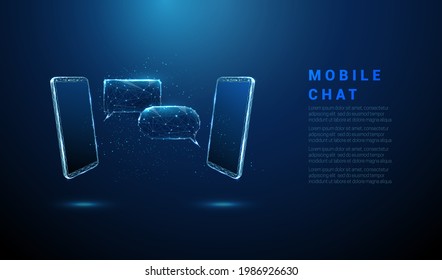 Un par de teléfonos azules abstractos con burbujas de chat. Concepto de Messenger. Diseño de bajo estilo polaco. Fondo geométrico. Estructura de conexión de la luz del bastidor acústico. Gráfico 3d moderno. Ilustración vectorial.