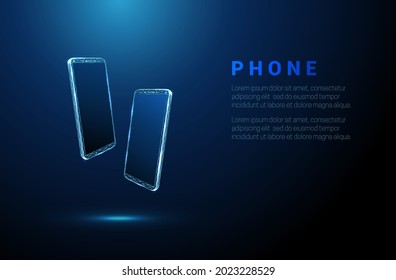 Pair of abstract blue phones. Messenger concept. Low poly style design. Geometric background. Wireframe light connection structure. Modern 3d graphic. Vector illustration.