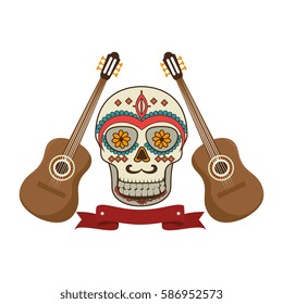 pair acoustic guitar musical with decorative ornamental sugar skull and ribbon