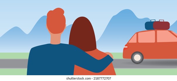 Pareja con vistas a la montaña en el viaje por carretera, ilustración de material vectorial plana con hombre, mujer y auto con equipaje
