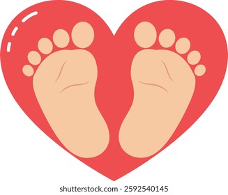 A pair of adorable baby feet rests within a vibrant red heart, conveying warmth and affection in a simplistic yet charming design.