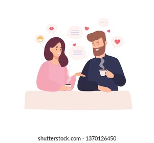 Paar von adorable Mann und Frau sitzen am Café-Tisch, trinken Kaffee und reden. Erstes romantisches Datum mit Person gefunden durch Dating-Website oder Bewerbung. Flacher Cartoon, Vektorgrafik.