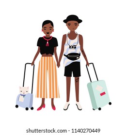 Pair of African American boy and girl dressed in stylish clothing standing together and holding suitcases. Traveling romantic couple. Young man and woman on vacation. Cartoon vector illustration