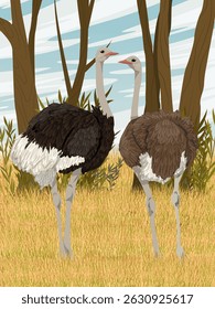 A pair of African ostriches stands in tall dry grass near the forest. Wildlife of Africa. Realistic vector vertical landscape.