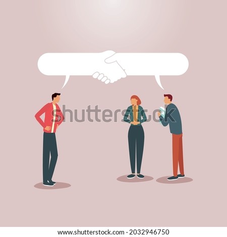 Pair agree, opinion bubble, illustration flat communication value, agreeable! Impart handshake, cooperation, greeting each other, synergy.