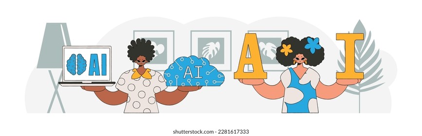 A pair of AI characters in fashionable apparel, illustrated in vector style.