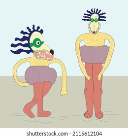 A pair of aliens with long hands