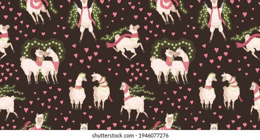 Pair of alpacas celebrate Valentine's Day, Valentine's Day. Garland, lanterns and hearts around. Seamless pattern, vector drawing cute illustration on brown background