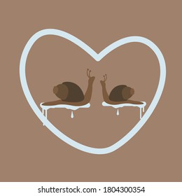 A pair of amorous snails circled in a heart on a brown background. Set of two snails, hearts for decoration of books, manuals, invitations, packages