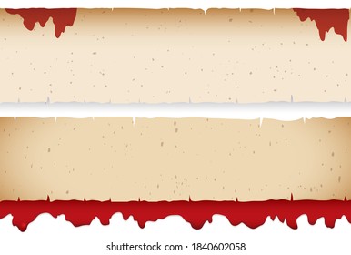 A pair of ancient scrolls templates decorated with blood stains, isolated over white background.