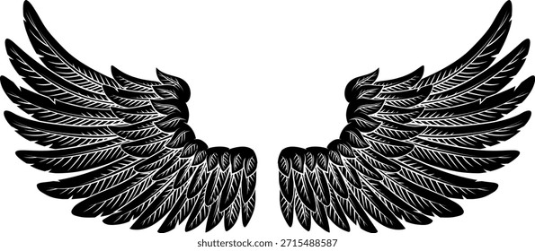 Un par de alas de plumas de ángel, águila o pegaso ilustración en un estilo grabado en madera o grabado