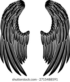 Um par de asas de penas de anjo, águia ou pégaso ilustração em um estilo de xilogravura gravado ou gravado