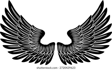 Um par de asas de penas de anjo, águia ou pégaso ilustração em um estilo de xilogravura gravado ou gravado