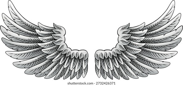 Un par de alas de plumas de ángel, águila o pegaso ilustración en un estilo grabado en madera o grabado