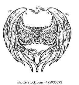 A Pair of Angel wings arranged in a shape of a heart. St. Valentines day concept design. Festive design element. Tatoo design. Hand drawing isolated on white background. EPS10 vector illustration