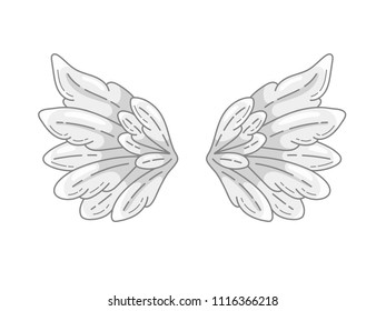 A pair of angel wings with grey and white feathers, wide spread. Contour drawing in modern line style with volume. Vector illustration isolated on white. 
